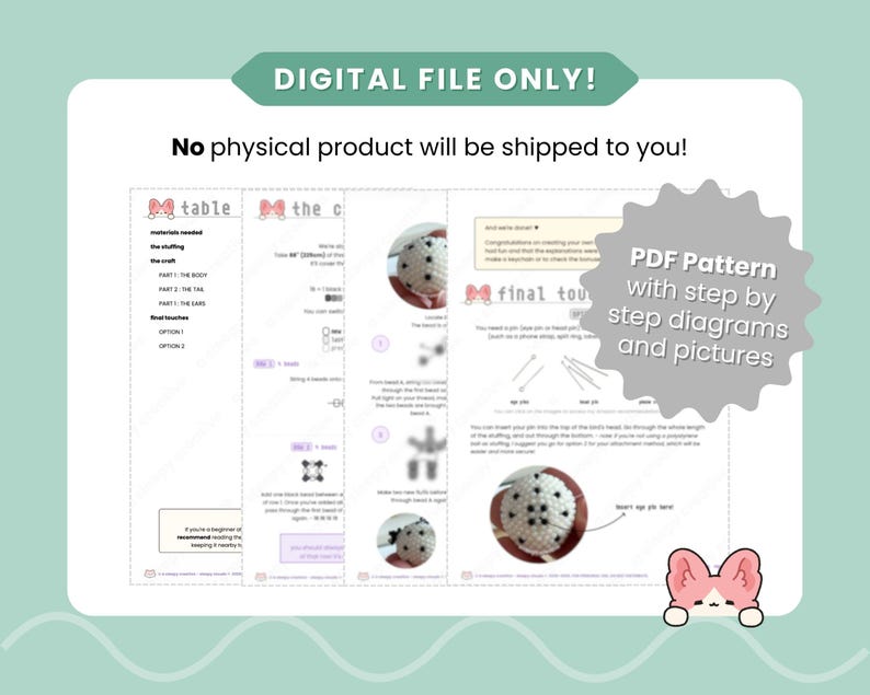 May include: A digital PDF pattern document for a craft project, featuring step-by-step instructions, diagrams, and photographs. The document includes text headers like 'table', 'the c', and 'final touches', with a pink cat icon in the corner.