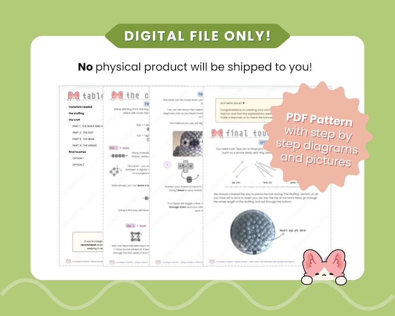 Pu&ograve; includere: Un documento modello in PDF digitale contenente istruzioni passo dopo passo, diagrammi e fotografie per un progetto artigianale. Il documento include intestazioni di testo come 'table of contents' e 'final touches'.