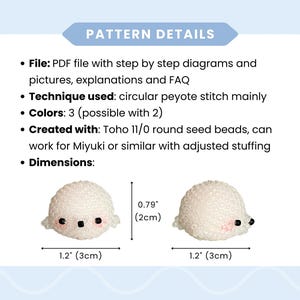 May include: A pattern details image shows two small, white beaded seal figures. The figures are 1.2 inches (3cm) wide and 0.79 inches (2cm) tall. The image includes text about the pattern's file type, technique, colors, and materials.