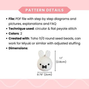 May include: A white beaded bunny charm with black accents, measuring 0.79 inches (2 cm) wide and 1.1 inches (2.8 cm) tall. The image includes text that says "Pattern Details".