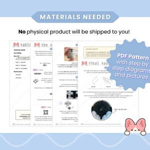 May include: A digital PDF pattern document featuring step-by-step diagrams and instructional pictures for a craft project. The pages include text headers like MATERIALS NEEDED, table of contents, and final touches, with a small cat icon graphic.