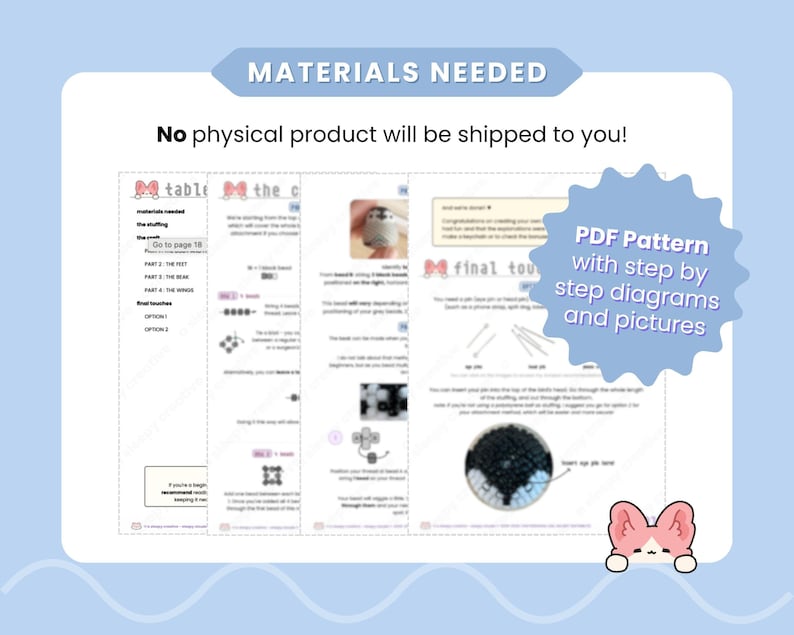 May include: A digital PDF pattern document featuring step-by-step diagrams and instructional pictures for a craft project. The pages include text headers like MATERIALS NEEDED, table of contents, and final touches, with a small cat icon graphic.