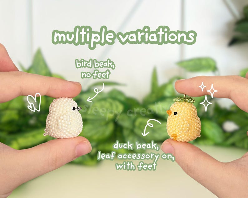 May include: Two miniature bird figurines, one white with a bird beak and the other yellow with a duck beak and leaf accessory. The text "multiple variations" and other descriptive text is also visible.