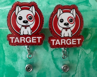Bullseye inspired dog Retractable badge reels featuring a red glitter acrylic design.
