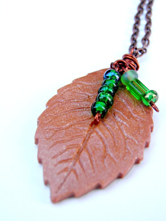 Items similar to Polymer Clay Leaf Necklace Long Pendant Necklace