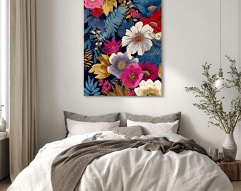 Lienzo estampado floral japonés, arte mural botánico azul marino y dorado, decoración zen para el hogar.