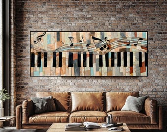 May include: A rectangular artwork depicting a piano keyboard with musical notes. The keyboard is composed of various colored rectangular tiles. Black and white notes are on a staff above the keyboard. The artwork hangs above a brown leather sofa.