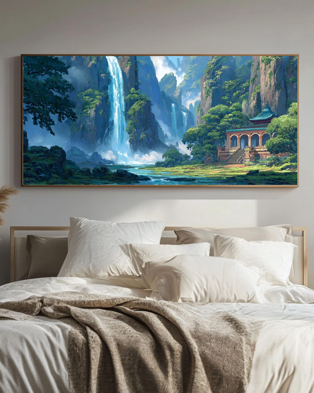 Ancient Temple Waterfall Panoramic Canvas Print | Anime Style Chinese ...