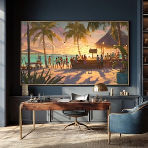 May include: A large framed artwork depicts a tropical beach scene at sunset. Palm trees, a bar with people, and string lights are visible. The artwork hangs above a wooden desk with a gold lamp and a blue chair.