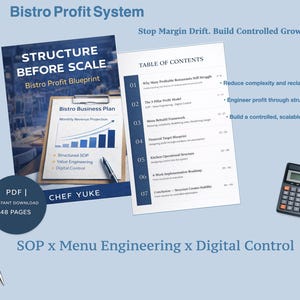 Peut inclure: Image d'un plan d'affaires intitulé « Structure Before Scale » avec un graphique, une table des matières, une calculatrice et un stylo. Le texte comprend « Bistro Profit System » et « SOP x Menu Engineering x Digital Control ».
