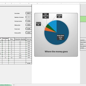 May include: A spreadsheet with recipe details, including ingredient lists, costs, and a pie chart illustrating cost breakdown. The chart shows percentages for prawn meat, real capsicum, and other ingredients. Text includes "Owner View - Cost Breakdown."