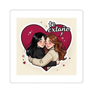 May include: A sticker featuring two embracing figures with closed eyes, set against a burgundy heart. The text "te extraño" is in a speech bubble. The background is a light beige with small hearts and stars.