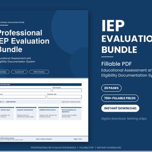 Puede incluir: Un documento digital azul oscuro titulado Professional IEP Evaluation Bundle, que presenta un sistema de evaluación educativa y documentación de elegibilidad con 20 páginas, 700+ campos rellenables y secciones para registros de evaluación.