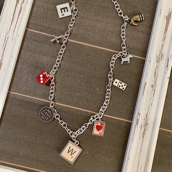 Game Pieces Board Mixed Media Altered Art Red Dice Scrabble Tile Domino Chess Eightball Monopoly Token Card Jacks Charm Bracelet Jewelry