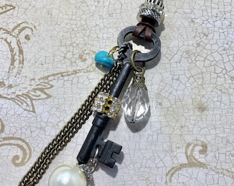 Skeleton Key Charm Necklace Charms Bling Pearl Brown Leather Cord