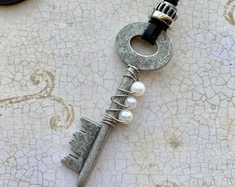 Skeleton Antique Silver Key Charm Necklace Charms Wire Wrapped Pearl Black Leather Cord