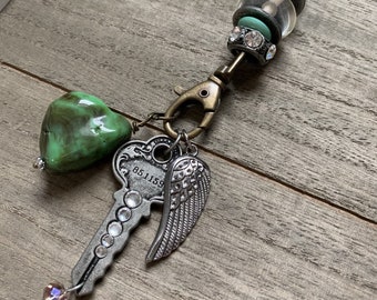 Bling Key Angle Wing Green Stone Rock Mixed Media Boho Steampunk Antique Brass Ball Chain Metal Art Charm Necklace