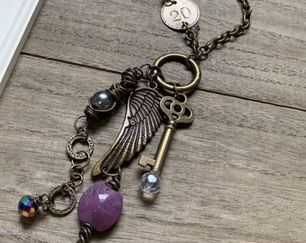 Angel Wing Key Wire Wrapped Purple Bead Bling Mixed Media Boho Steampunk Antique Brass Heart Love Metal Art Charm Necklace