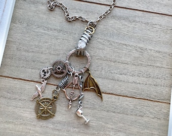 Fantasy Inspired Necklace Wolf Dragon Wing Wine Compass Gear Dagger Bow and Arrow Gear House Winter Night King Queen Charm Jewelry