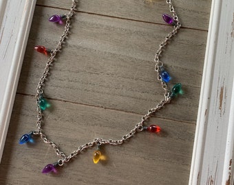 Christmas Holiday Lights MINI Bulbs Red Yellow Green Blue Purple Silver Charm Mixed Media Necklace Jewelry