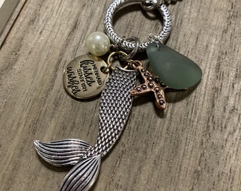 Mermaid Kisses Starfish Wishes Ocean Nautical Fish Beach Sea Glass Pearl Charm Necklace Jewelry