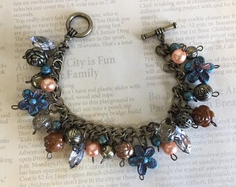 Vintage Inspired Antique Brass Industrial Beads Flower Charm Bracelet