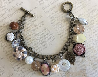 Vintage Inspired Antique Industrial Cameo Beads Flower Charm Bracelet