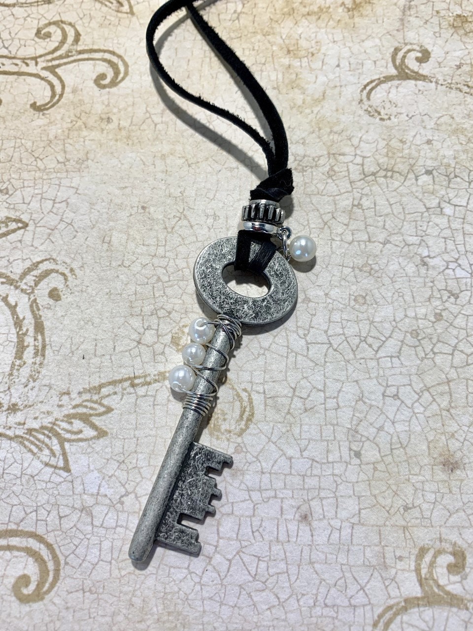 Skeleton Antique Silver Key Charm Necklace Charms Wire Wrapped Pearl ...