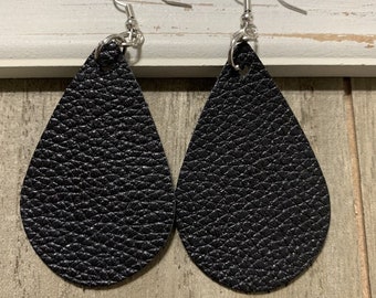 Black Leather Textured Teardrop Silver Fishhooks Lightweight Dangle Earrings Jewelry