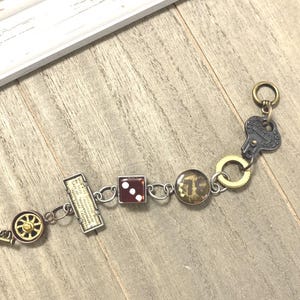 Industrial Steampunk Charm Bracelet: Red Dice, Ruler, Metal Accents