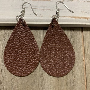 Chocolate Brown Leather Textured Teardrop Silver Fishhooks Lightweight Dangle Earrings Jewelry