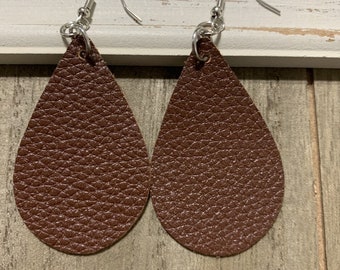 Chocolate Brown Leather Textured Teardrop Silver Fishhooks Lightweight Dangle Earrings Jewelry