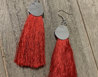 Red Long Fringe on Silver Fishhooks Lightweight Dangle Earrings Jewelry