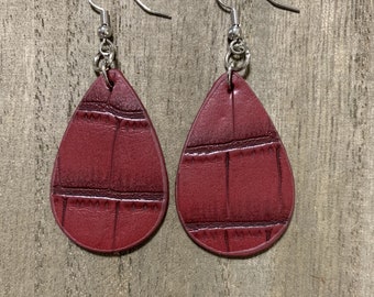 Dark Red Burgundy Textured Teardrop Silver Fishhooks Lightweight Dangle Earrings Jewelry