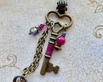 Skeleton Key Antique Bronze Key Charm Necklace Charms Wrapped Pink Brown Leather Cord