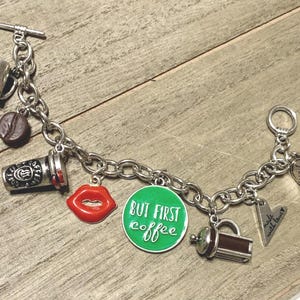 Coffee Lover Silver Charm Bracelet Heart Lips Tall Cup Mug Coffee Bean