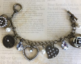 Vintage Inspired Love Hearts Bling Locket Pearls Rhinestone Antique Industrial Chic Charm Valentine's Day Bracelet