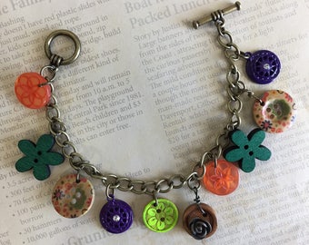 Vintage Inspired Antique Industrial Colorful Buttons Beads Flower Charm Bracelet