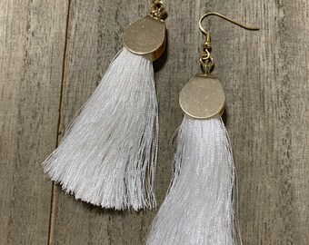 White Long Fringe on Gold Fishhooks Lightweight Dangle Earrings Jewelry