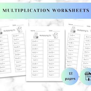 May include: Multiplication worksheets with the title "Multiplication Worksheets" in a light blue gradient banner. The worksheets include multiplication problems for 1s, 2s, and 3s, with a cute bear illustration. The image also includes a "12 pages" and a PDF icon.