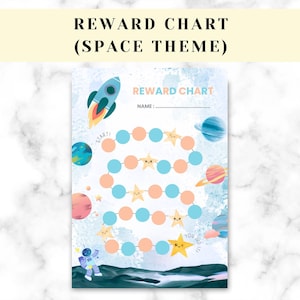 May include: A colorful reward chart with a space theme. The chart features a rocket, planets, stars, and an astronaut. The text "REWARD CHART (SPACE THEME)" is at the top. The chart has a path of circles and stars.