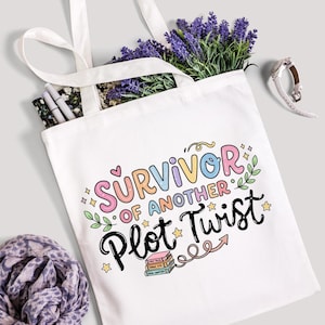 Book Lover Gift Canvas Tote Bag Bookish Gifts Survivor of Another Plot Twist Tote With Colorful Illustration