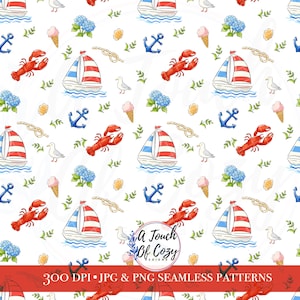 Nautical Pattern Digital Paper Download Beach Background Coastal Design Maritime Theme Summer Scrapbook Blue Ocean Sailboat Print Lobster