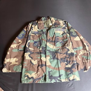 Vintage USAF Woodland Camo BDU Jacket Medium Lined Military Coat SMSgt Patches Allen