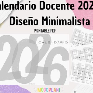 Peut inclure: Calendrier PDF imprimable pour 2026 avec un design minimaliste. L'image présente le texte "Calendario Docente 2026 - Diseño Minimalista" et l'année 2026 en grands chiffres gris. Comprend les pages de calendrier de janvier, février et mars.