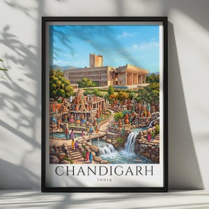 May include: A framed art print featuring a colourful illustration of the Rock Garden in Chandigarh, India. The scene depicts stone sculptures, lush greenery, and a cascading waterfall with people walking along paths. The text CHANDIGARH INDIA is at the bottom.