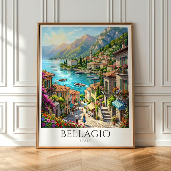 Bellagio Lake Como Poster, Italy Travel Wall Art, Lakeside Village Print, Mediterranean Decor, Scenic European Artwork