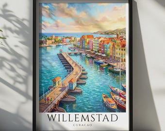 May include: A framed art print featuring a colorful harbor scene in Willemstad, Curacao. The image displays a long wooden pier extending into turquoise water, surrounded by vibrant colonial buildings, docked boats, and a bright, cloudy sky.