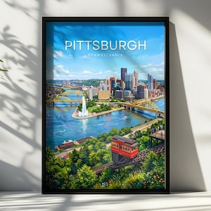 Peut inclure: Une affiche encadrée représentant une illustration colorée de la ligne d'horizon de Pittsburgh, en Pennsylvanie. L'image montre les gratte-ciel de la ville, des ponts jaunes, une fontaine fluviale et un funiculaire rouge sur des rails au premier plan.