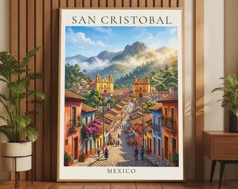 Póster de viaje de San Cristóbal, México, lámina de arte mural de las coloridas calles de Chiapas